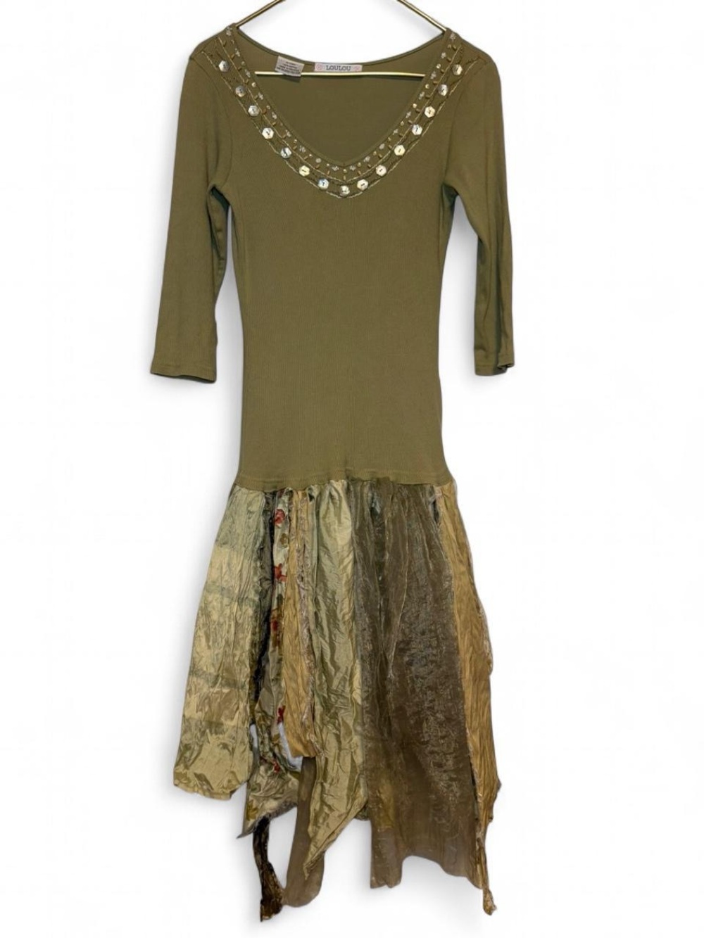 Boho Fairycore Olive Green Embellished V-Neck Dress + Handkerchief Hem